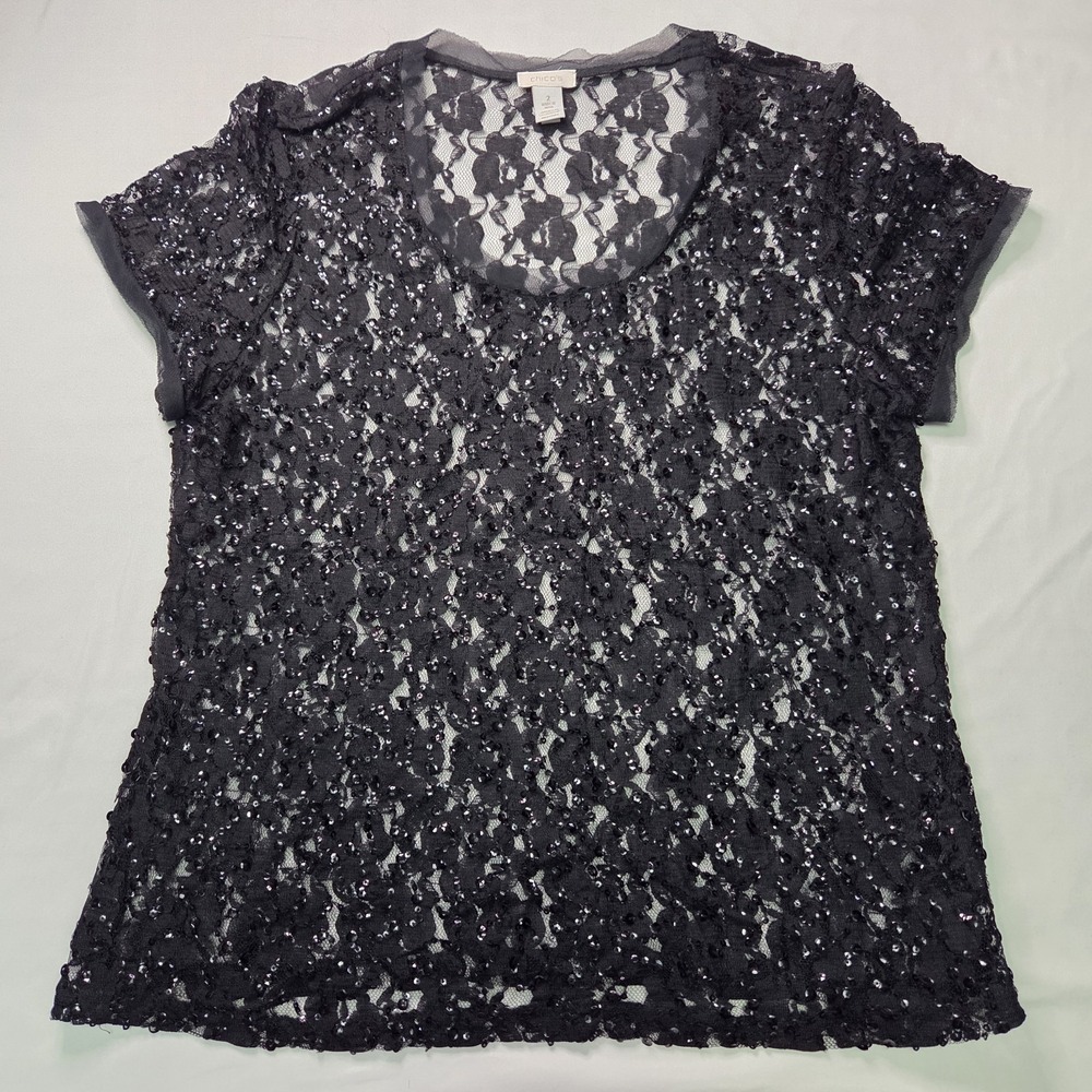 Chico's‎ 2/L/12-14 Sheer Lace Sequin Mesh Layering Top Whimsigoth Fairy Grunge